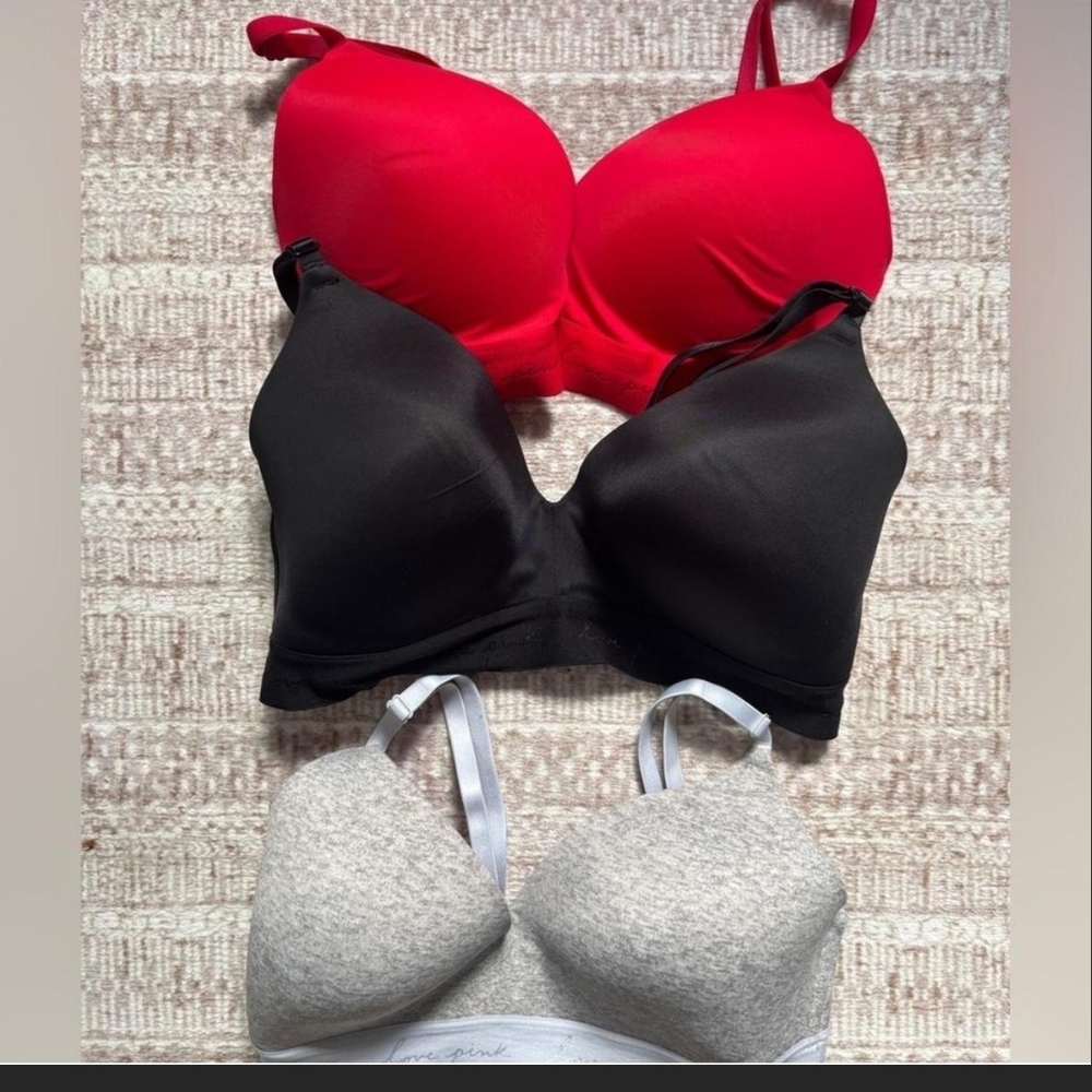 Victoria's Secret Red, Black, and Gray Bra Trio